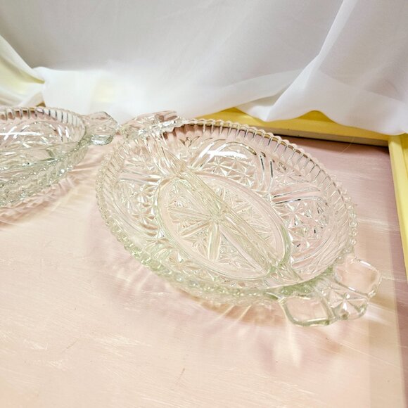 Stars & Bars, aka 1000 Lines 2pc Clear Glass Divided Relish/Serving Dishes - Picture 4 of 8